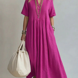 Pleated Maxi Dress with V-Neck and Short Sleeves