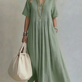 Pleated Maxi Dress with V-Neck and Short Sleeves