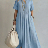 Pleated Maxi Dress with V-Neck and Short Sleeves