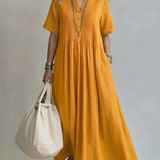 Pleated Maxi Dress with V-Neck and Short Sleeves