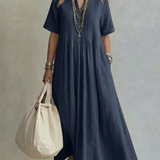 Pleated Maxi Dress with V-Neck and Short Sleeves