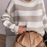 Oversized Chunky Knit Striped Sweater with Round Neck