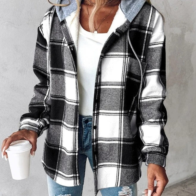 Plaid Hooded Shirt Jacket with Button Front