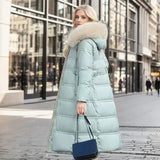 Women's Long Puffer Winter Coat with Fur Trimmed Hood and Quilted Design with Full Length Zipper