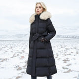 Women's Long Puffer Winter Coat with Fur Trimmed Hood and Quilted Design with Full Length Zipper