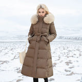 Women's Long Puffer Winter Coat with Fur Trimmed Hood and Quilted Design with Full Length Zipper