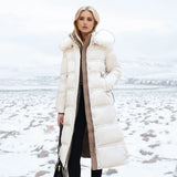 Women's Long Puffer Winter Coat with Fur Trimmed Hood and Quilted Design with Full Length Zipper