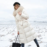 Women's Long Puffer Winter Coat with Fur Trimmed Hood and Quilted Design with Full Length Zipper