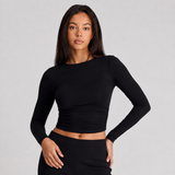 Ruched Long-Sleeve Crop Top with Crew Neck