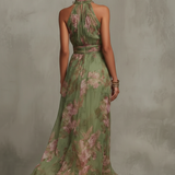 Draped Halter Neck Maxi Dress with Floral Print