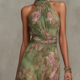 Draped Halter Neck Maxi Dress with Floral Print