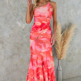 One-Shoulder Asymmetric Floral Maxi Dress with Ruched Waist