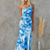 One-Shoulder Asymmetric Floral Maxi Dress with Ruched Waist