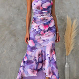 One-Shoulder Asymmetric Floral Maxi Dress with Ruched Waist