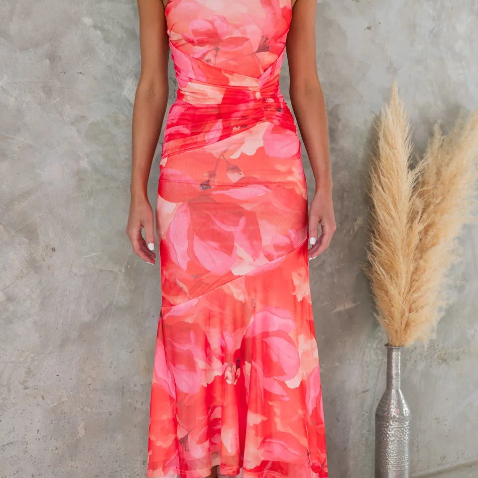 One-Shoulder Asymmetric Floral Maxi Dress with Ruched Waist