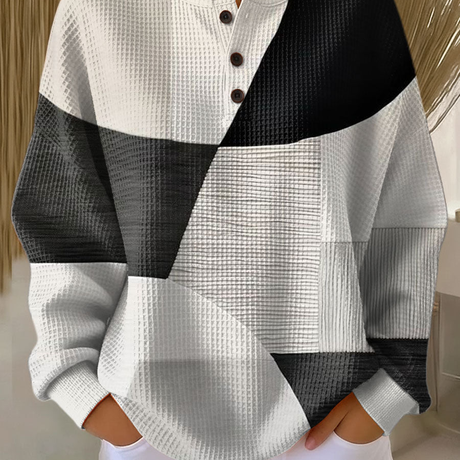 Color Block Waffle Knit Sweater with Crew Neck