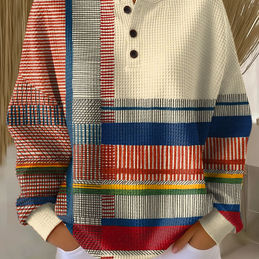 Color Block Waffle Knit Sweater with Crew Neck