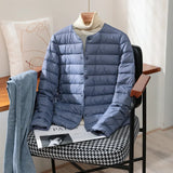 Quilted Puffer Jacket with Snap Button and Round Neck