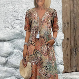V-Neck Midi Dress with Short Sleeves and Side Pockets