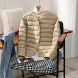 Quilted Puffer Jacket with Snap Button and Round Neck