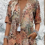 V-Neck Midi Dress with Short Sleeves and Side Pockets