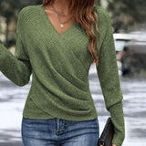 Women's V-Neck Knit Sweater – Wrap-Style Long Sleeve Pullover for Everyday Wear