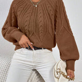 Cropped Cable Knit Sweater with Crew Neck and Balloon Sleeves
