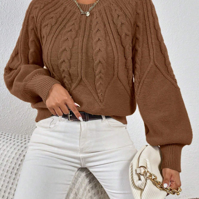 Cropped Cable Knit Sweater with Crew Neck and Balloon Sleeves
