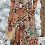 V-Neck Midi Dress with Short Sleeves and Side Pockets
