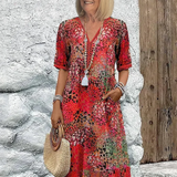V-Neck Midi Dress with Short Sleeves and Side Pockets