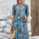 V-Neck Midi Dress with Short Sleeves and Side Pockets