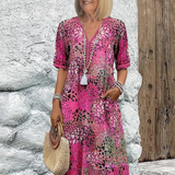 V-Neck Midi Dress with Short Sleeves and Side Pockets