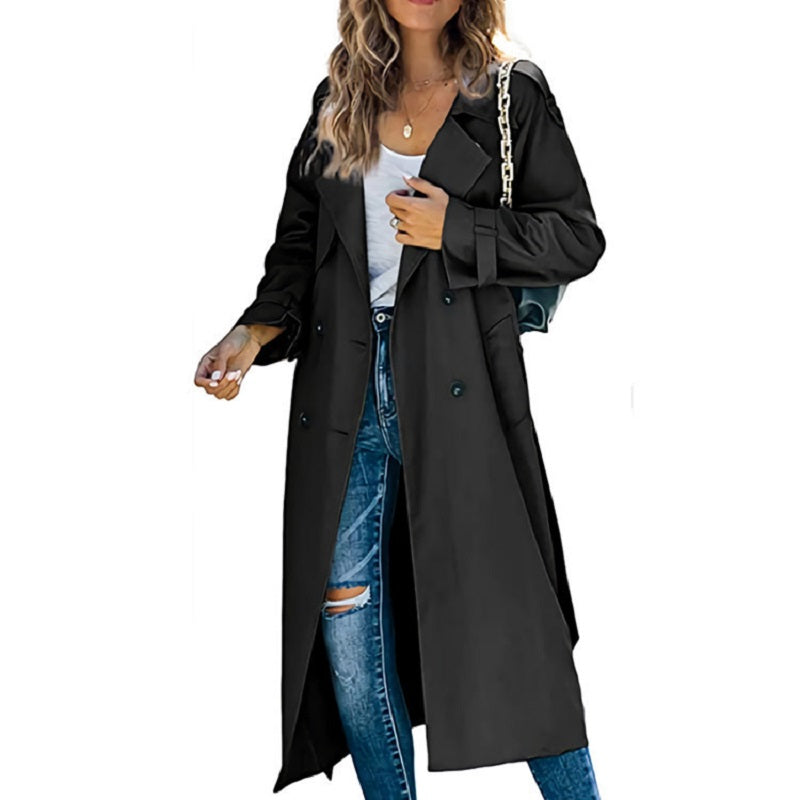 Longline Trench Coat with Double-Breasted Button Front