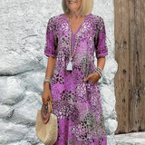 V-Neck Midi Dress with Short Sleeves and Side Pockets