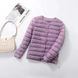 Quilted Puffer Jacket with Snap Button and Round Neck