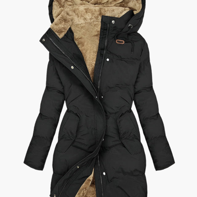 Hooded Puffer Coat with Sherpa-Lined Hood and Zip Front