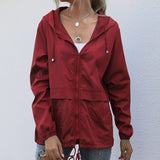 Hooded Windbreaker Jacket with Drawstring and Zip Front