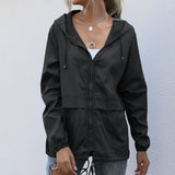 Hooded Windbreaker Jacket with Drawstring and Zip Front