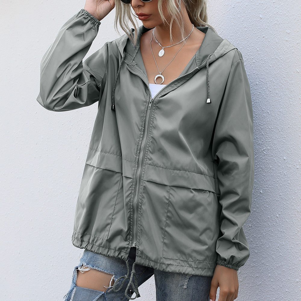 Hooded Windbreaker Jacket with Drawstring and Zip Front