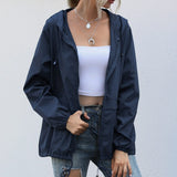 Hooded Windbreaker Jacket with Drawstring and Zip Front