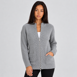 Women's Cardigans – Long Ribbed Knit Cardigan with Full Zipper and Front Pockets for Winter
