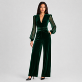 Wide-Leg Velvet Jumpsuit with V-Neck and Mesh Sleeves
