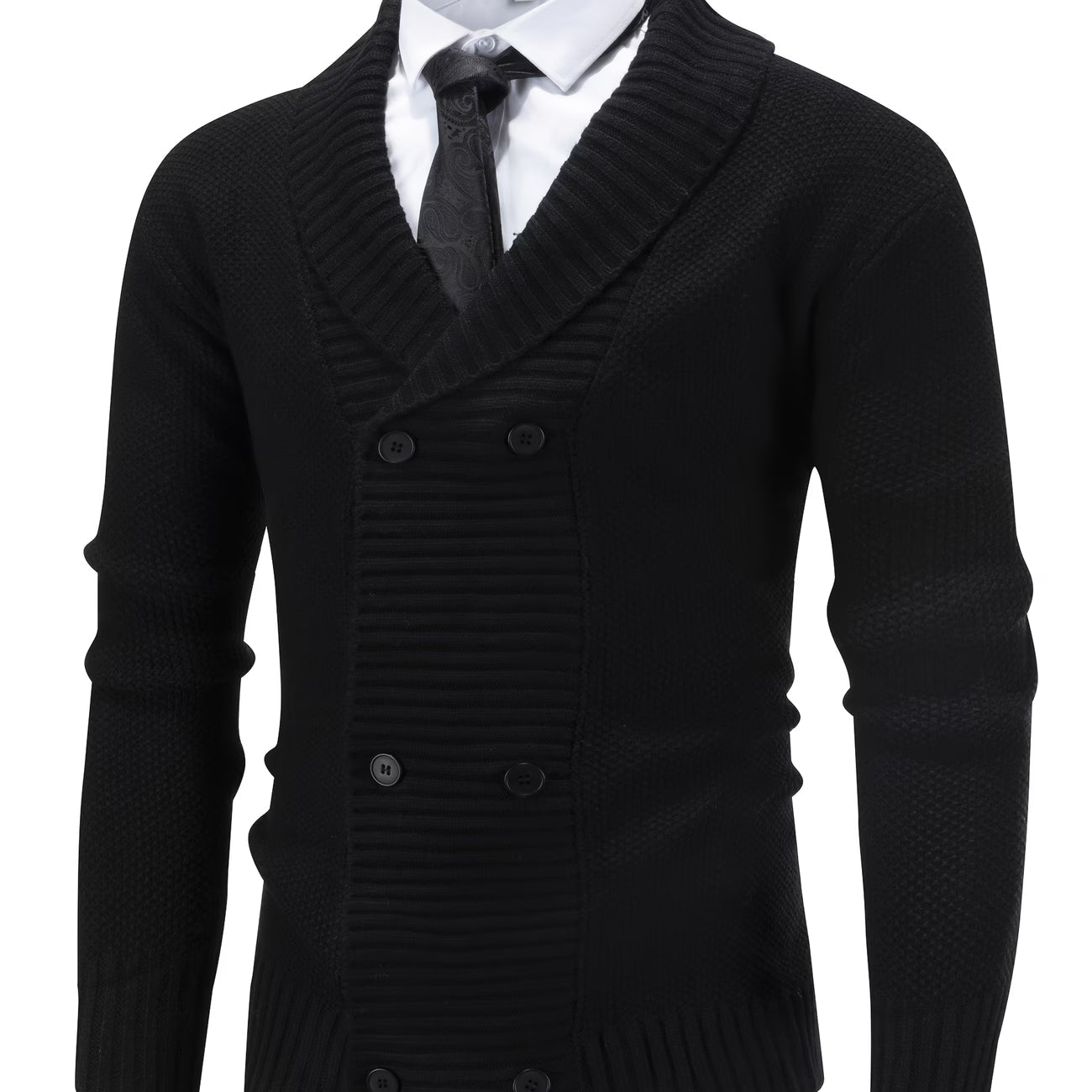 Double-Breasted Knit Cardigan with Shawl Collar and Ribbed Trim