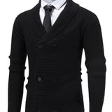 Double-Breasted Knit Cardigan with Shawl Collar and Ribbed Trim