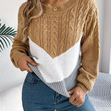 Cable Knit Color Block Sweater with Round Neck and Long Sleeves