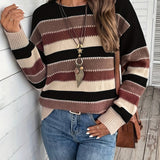 Striped Knit Sweater with Round Neck and Ribbed Cuff