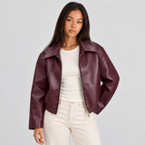 Faux Leather Jacket with Zip Front and Wide Collar