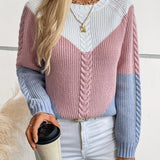 Cable Knit Color Block Sweater with Raglan Sleeves and Round Neck