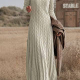 Cable Knit Maxi Sweater Dress with Round Neck and Long Sleeves