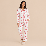 Women's Christmas Pajama Set with Button Front Long Sleeve Top and Matching Pants Snowflake and Candy Cane Print